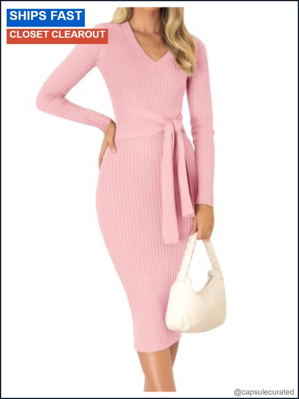 Knitted Ribbed V-Neck Bodycon Midi Sweater Dress Long Sleeve Fall Winter
